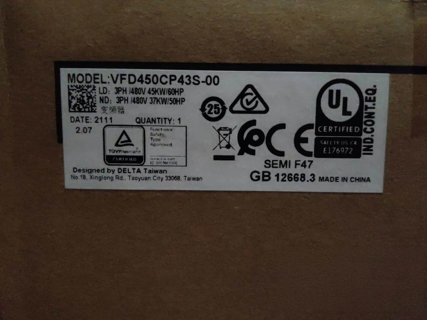 100% visiškai naujas originalus ir originalus Delta VFD450CP43S-00 380V45KW Dažnio keitikliai Pavaros servo variklis